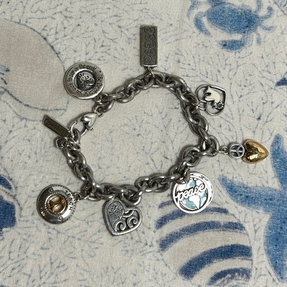 Brighton World Peace Charm Bracelet Retired Silver Plated Chunky Oval Link Chain - Picture 5 of 12